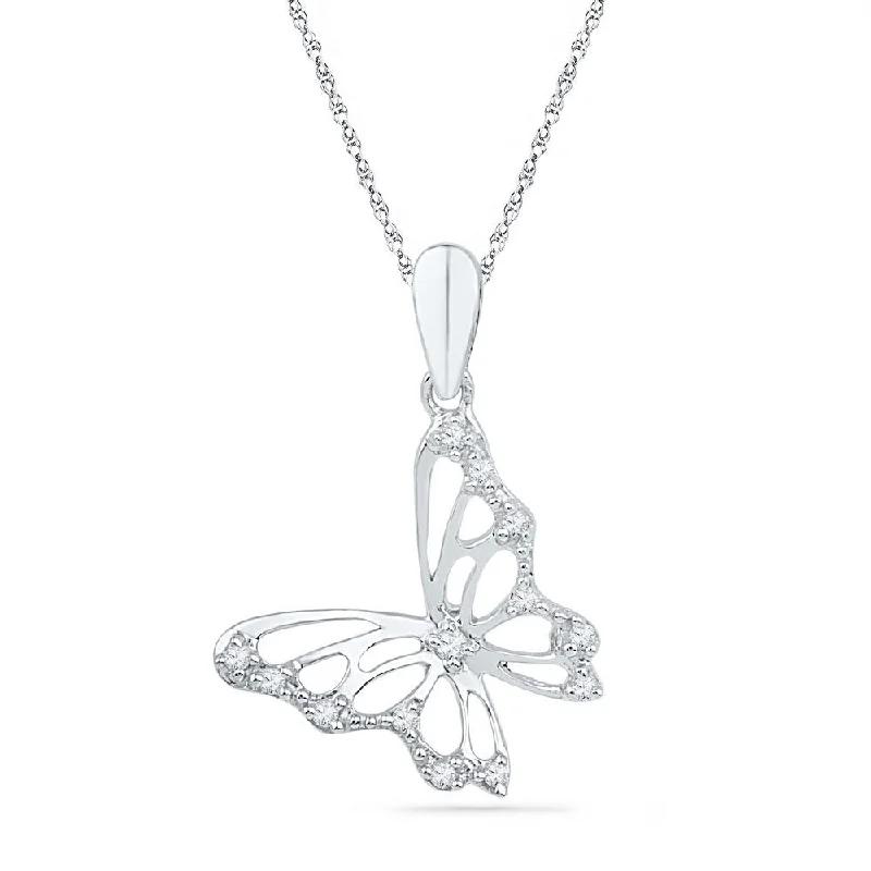 Hooked clasp necklace-10kt White Gold Womens Round Diamond Butterfly Bug Pendant 1/20 Cttw