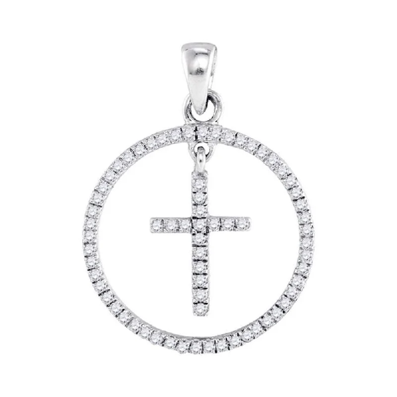 Scratched finish necklace-10kt White Gold Womens Round Diamond Circle Cross Pendant 1/4 Cttw