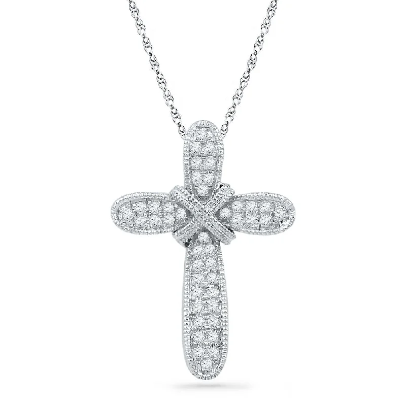 Gritty finish necklace-10kt White Gold Womens Round Diamond Cross Pendant 1/6 Cttw