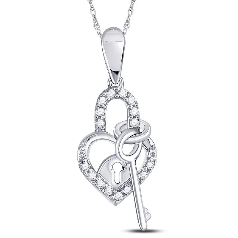 Apex pendant necklace-10kt White Gold Womens Round Diamond Heart Lock Key Dangle Pendant 1/10 Cttw