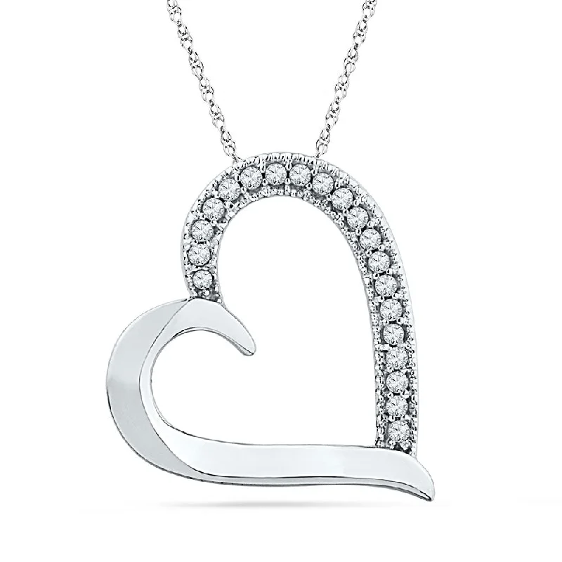 Cedar grain necklace-10kt White Gold Womens Round Diamond Heart Outline Pendant 1/10 Cttw