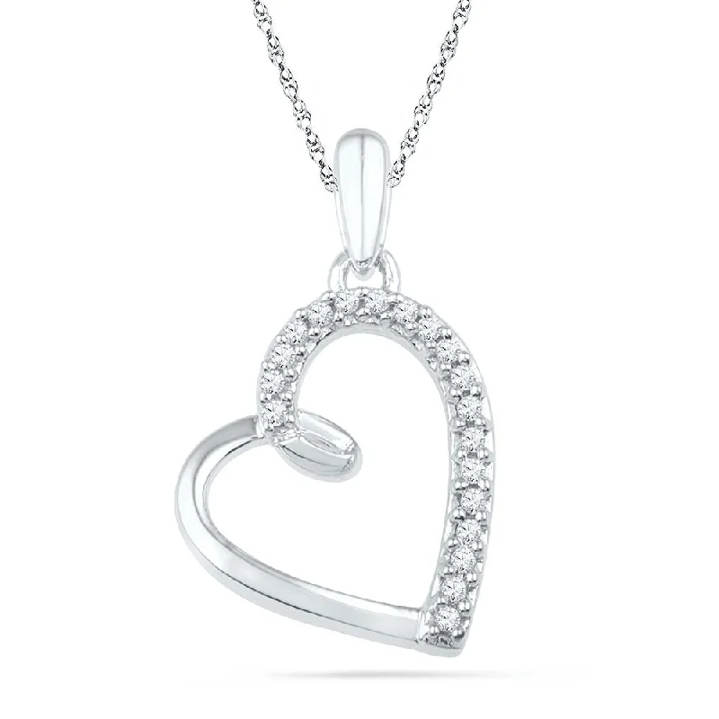 Chipped chain necklace-10kt White Gold Womens Round Diamond Heart Outline Pendant 1/10 Cttw