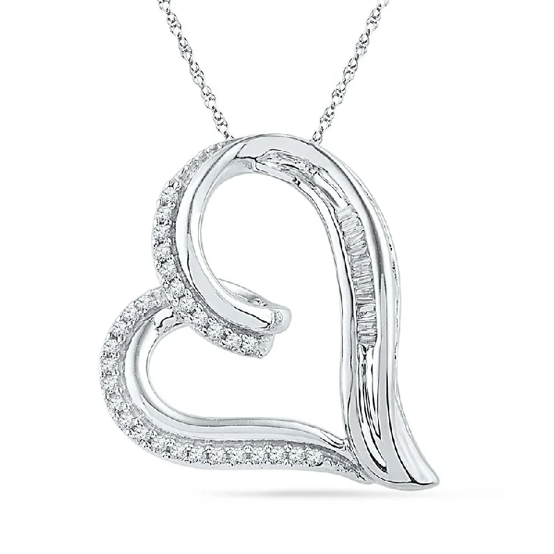 Flax seed necklace-10kt White Gold Womens Round Diamond Heart Outline Pendant 1/6 Cttw