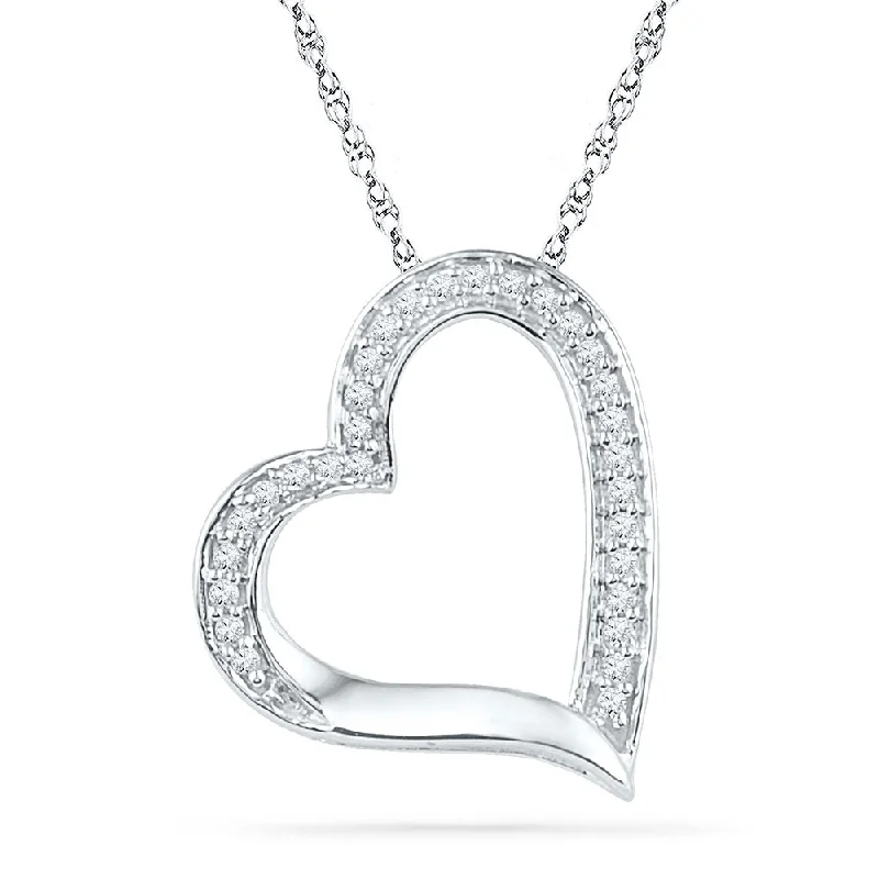 Pentagon stone necklace-10kt White Gold Womens Round Diamond Heart Outline Pendant 1/8 Cttw