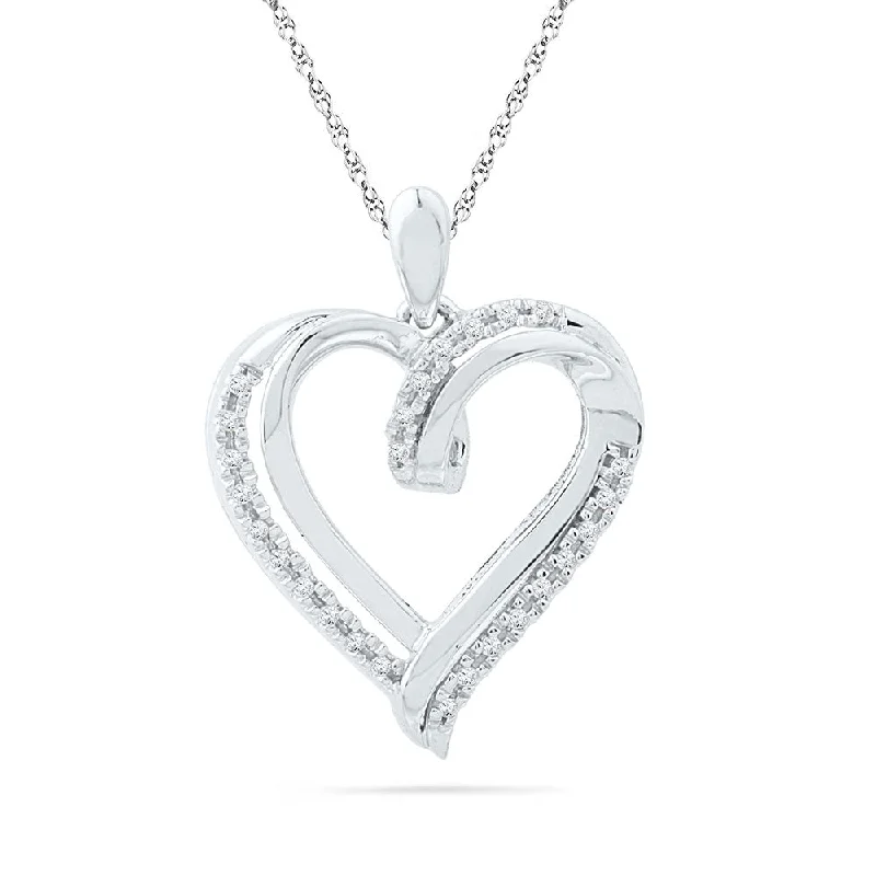 Tulip petal necklace-10kt White Gold Womens Round Diamond Heart Pendant 1/10 Cttw