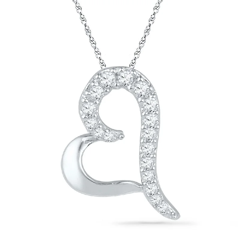 Vine drop necklace-10kt White Gold Womens Round Diamond Heart Pendant 1/12 Cttw