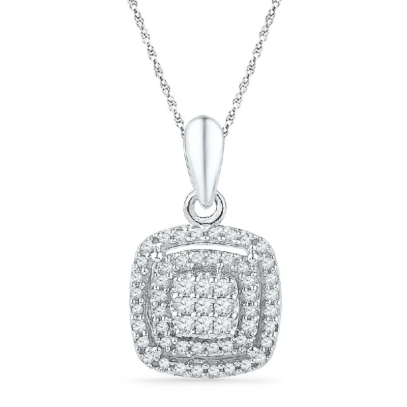 Oat stem necklace-10kt White Gold Womens Round Diamond Square Frame Cluster Pendant 1/4 Cttw