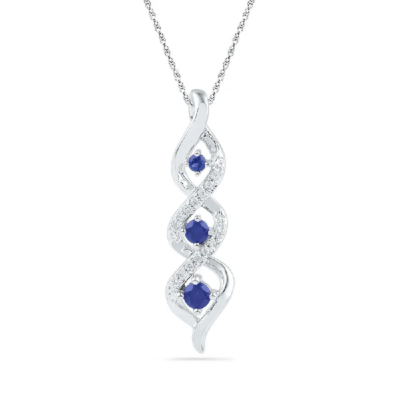 Ethnic braid necklace-10kt White Gold Womens Round Lab-Created Blue Sapphire Cascading 3-stone Pendant 1/3 Cttw