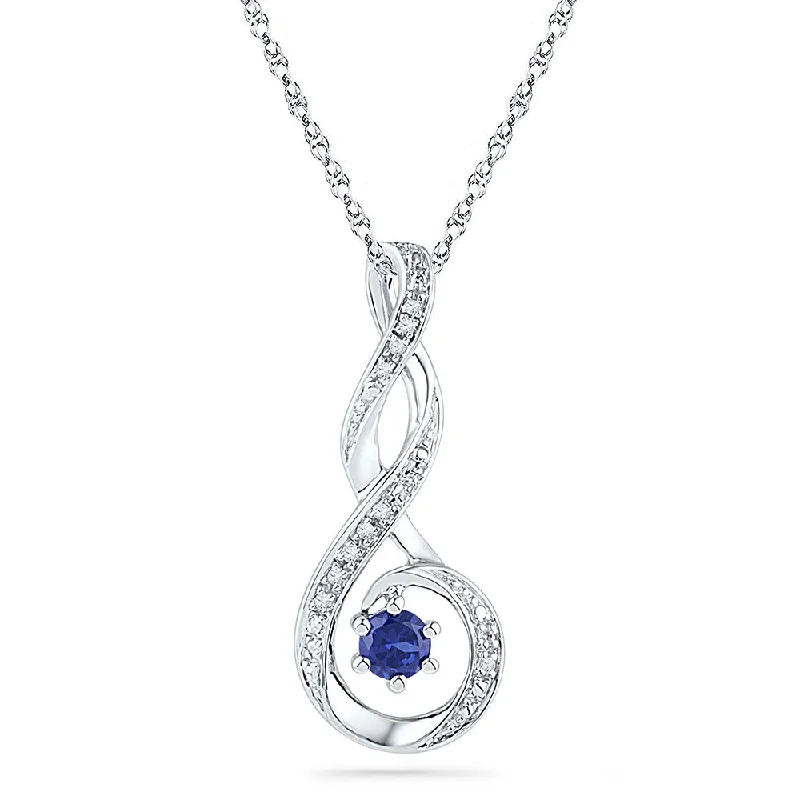 Brass forged necklace-10kt White Gold Womens Round Lab-Created Blue Sapphire Diamond Teardrop Pendant .03 Cttw