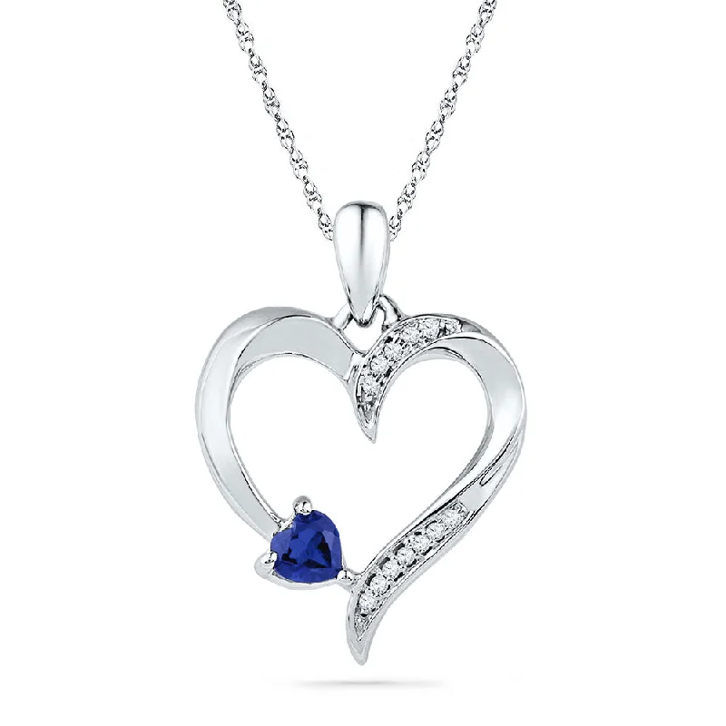 Flint speck necklace-10kt White Gold Womens Round Lab-Created Blue Sapphire Heart Pendant 1/20 Cttw