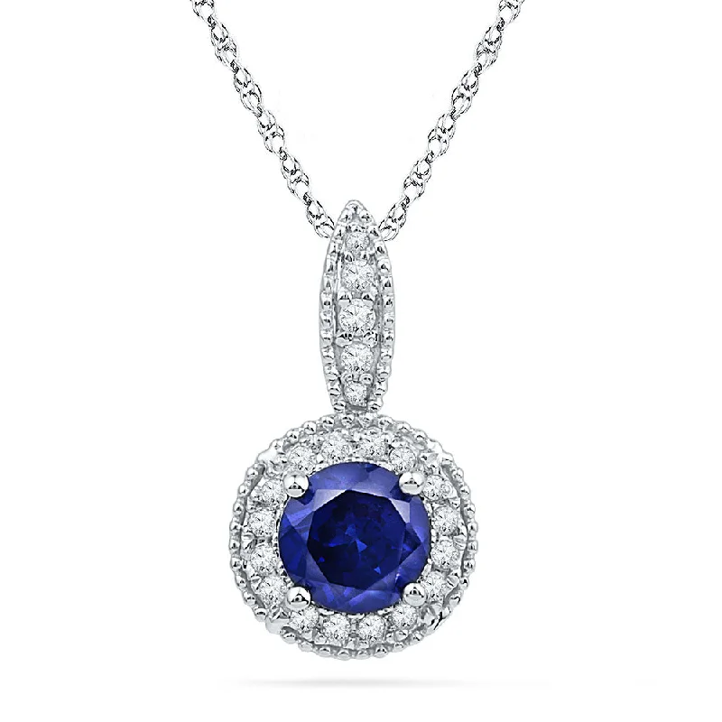 Twisting vine necklace-10kt White Gold Womens Round Lab-Created Blue Sapphire Solitaire Diamond Pendant 1/6 Cttw