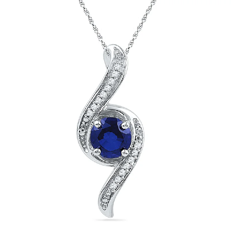 Vine drop necklace-10kt White Gold Womens Round Lab-Created Blue Sapphire Solitaire Diamond Pendant 1 Cttw