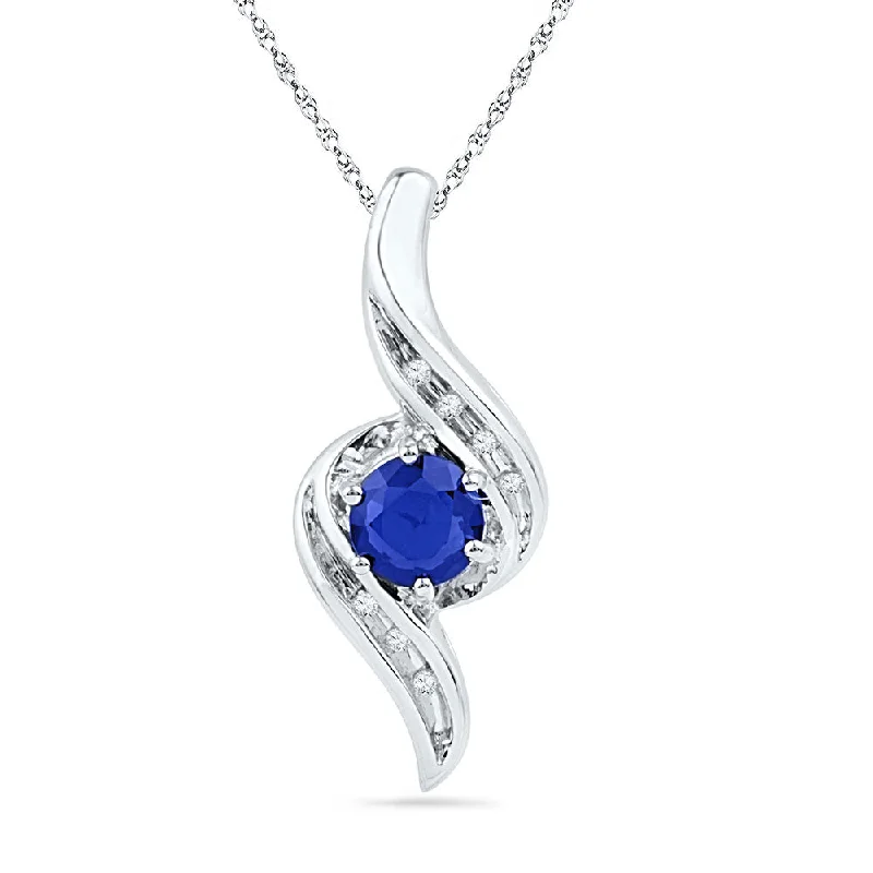 Stellar shine necklace-10kt White Gold Womens Round Lab-Created Blue Sapphire Solitaire Diamond Pendant 3/4 Cttw