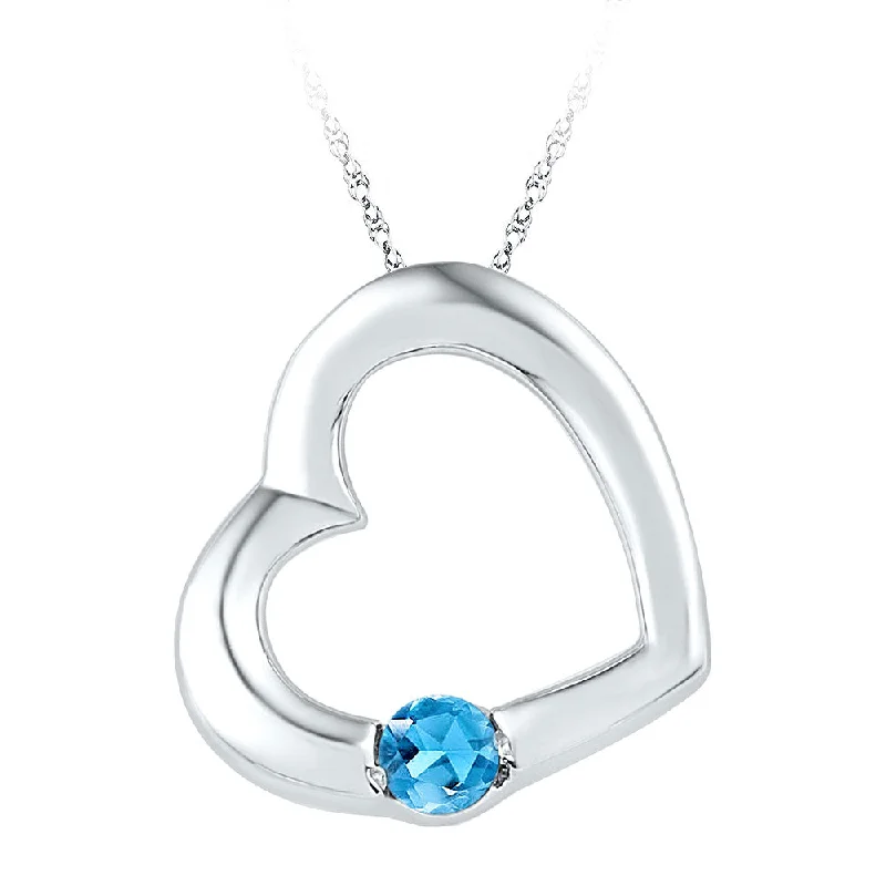 Slim bezel necklace-10kt White Gold Womens Round Lab-Created Blue Topaz Heart Pendant 1/6 Cttw