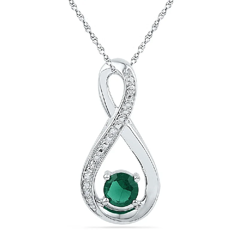 Jointed gem necklace-10kt White Gold Womens Round Lab-Created Emerald Infinity Diamond Pendant 1/2 Cttw