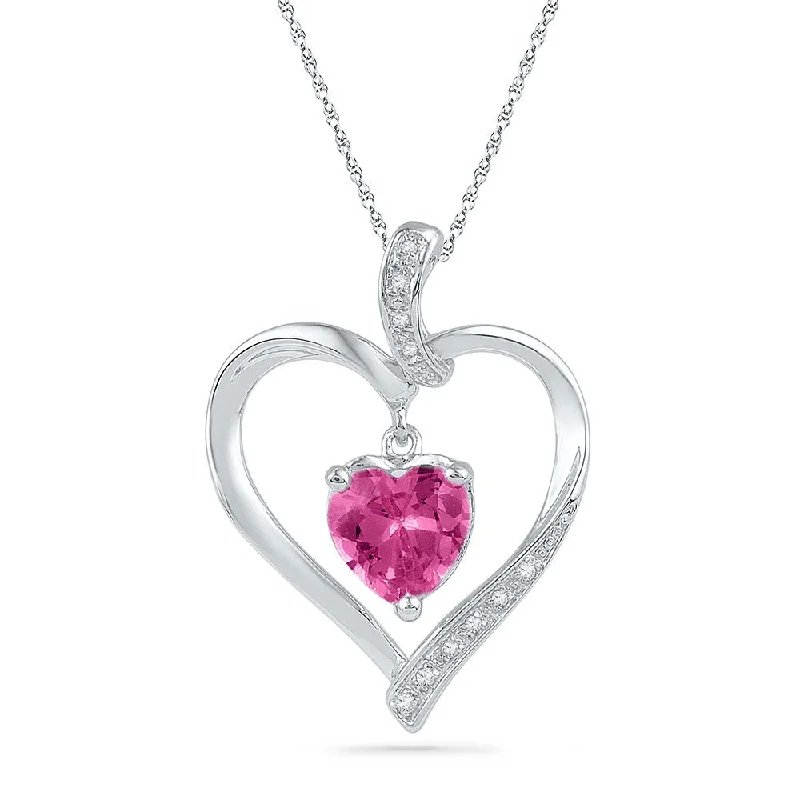 Poppy bloom necklace-10kt White Gold Womens Round Lab-Created Pink Sapphire Heart Pendant 1-3/4 Cttw