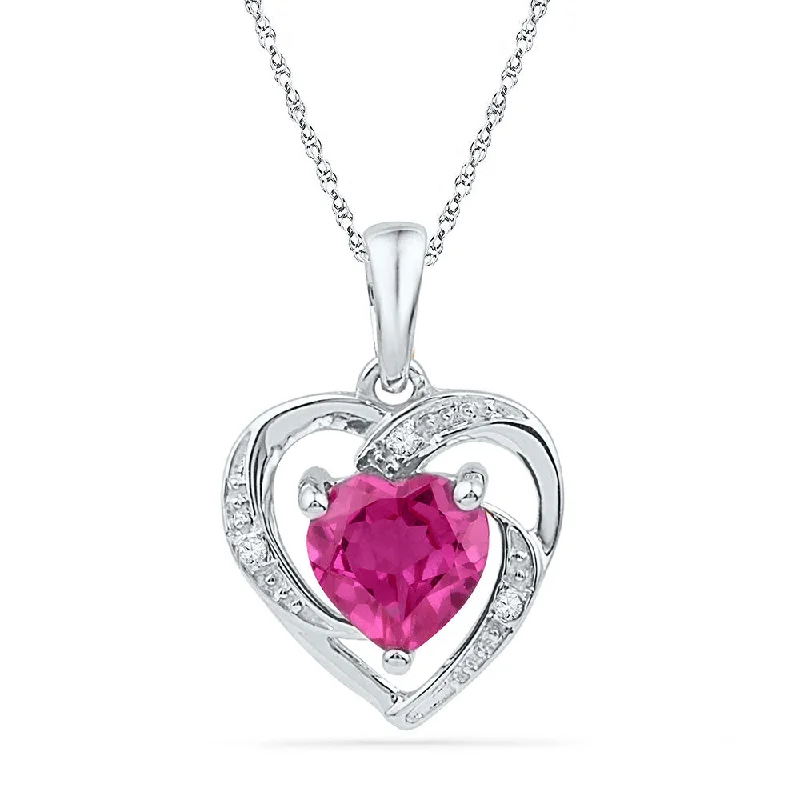 Stellar shine necklace-10kt White Gold Womens Round Lab-Created Ruby Heart Pendant 1 Cttw