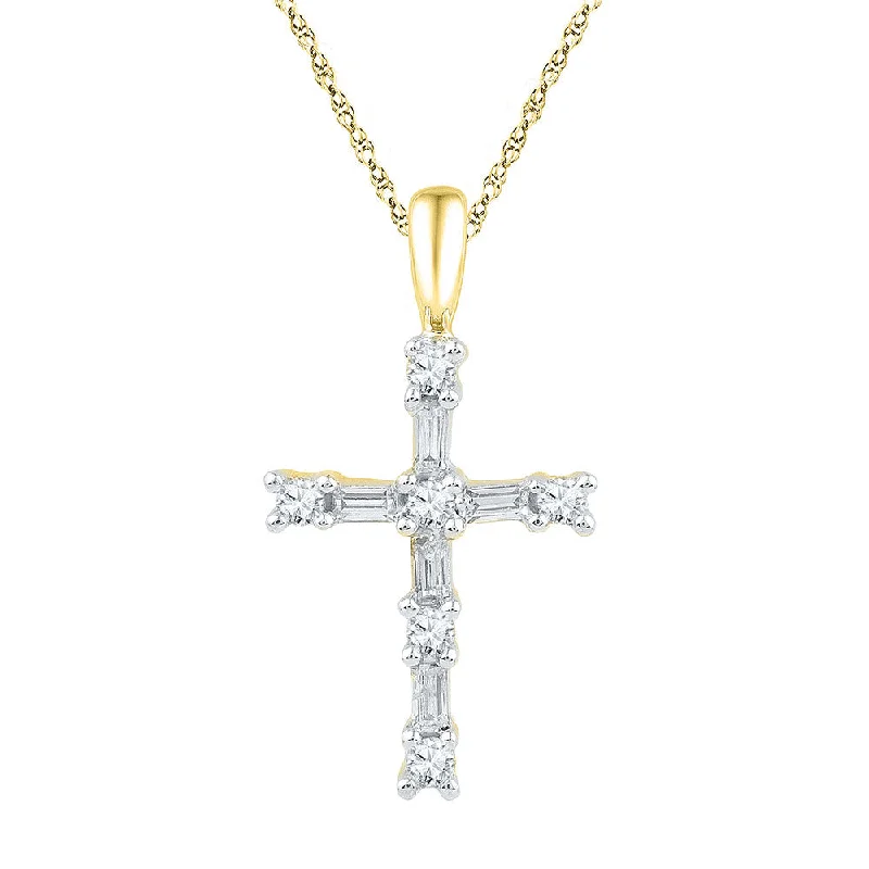 Horn curve necklace-10kt Yellow Gold Womens Round Baguette Diamond Cross Pendant 1/4 Cttw