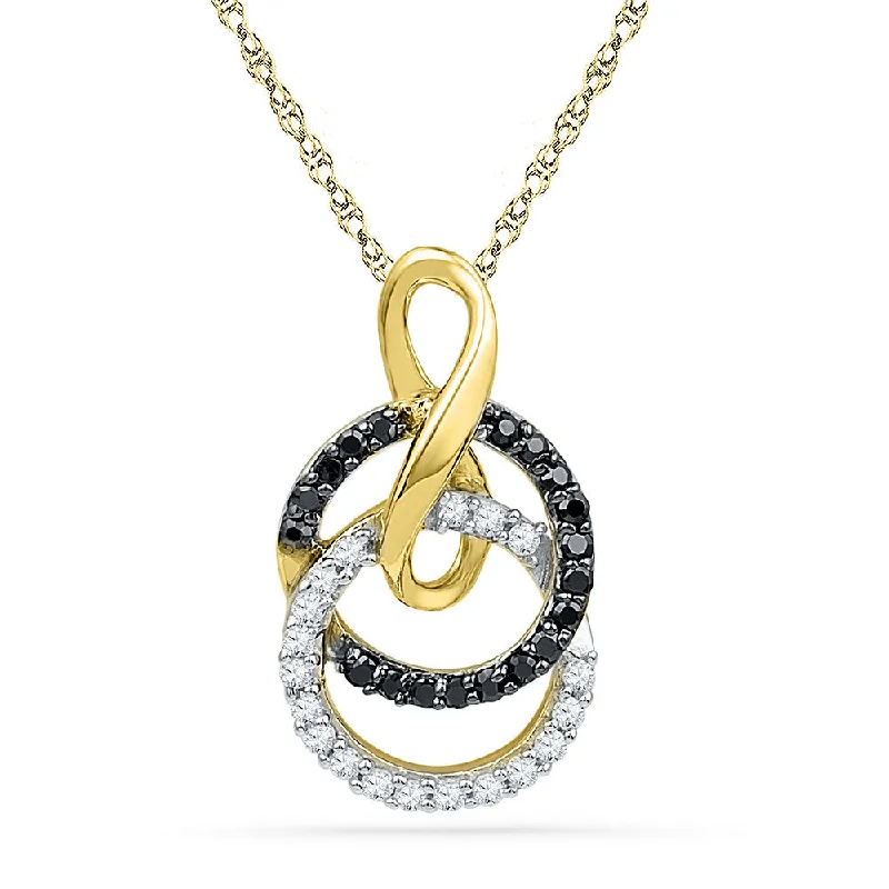 Knotted design necklace-10kt Yellow Gold Womens Round Black Color Enhanced Diamond Double Circle Pendant 1/5 Cttw