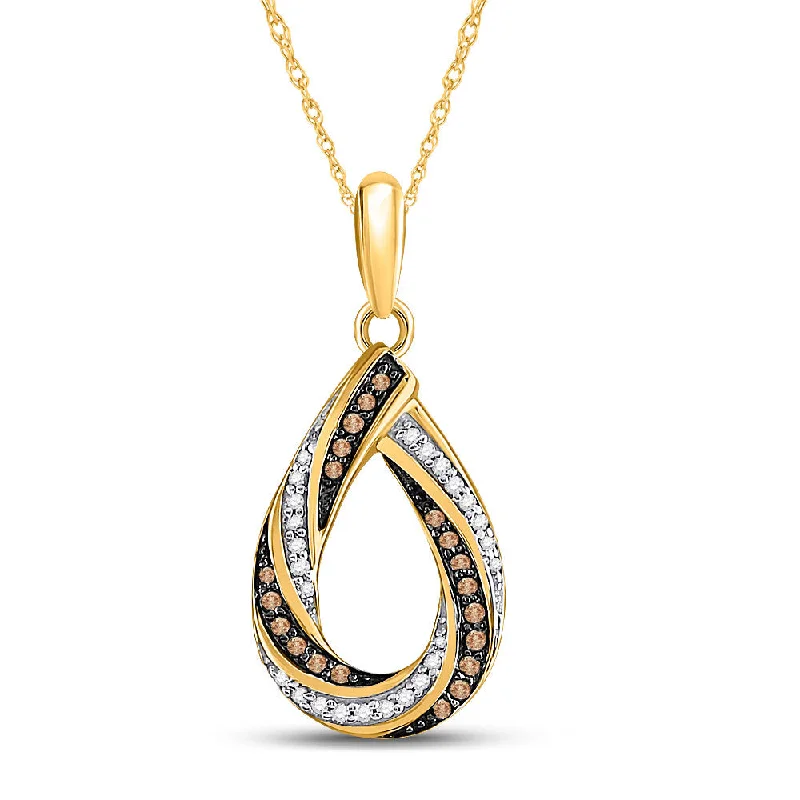 Pleated chain necklace-10kt Yellow Gold Womens Round Brown Diamond Teardrop Stripe Pendant 1/4 Cttw