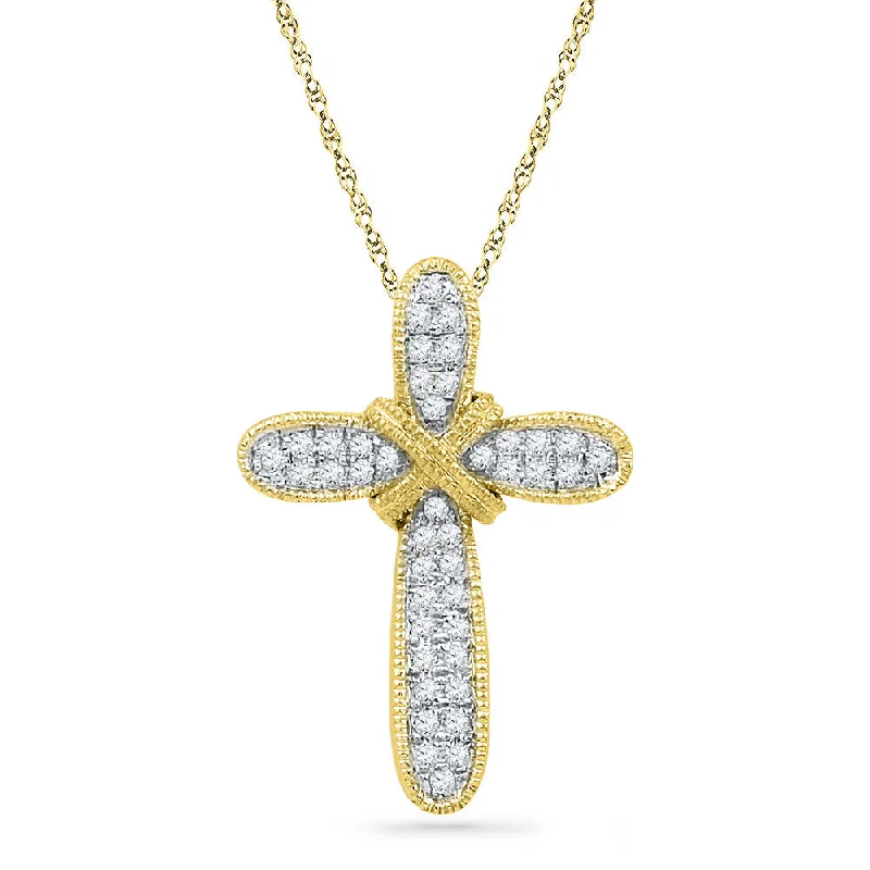 Ragged rim necklace-10kt Yellow Gold Womens Round Diamond Cross Pendant 1/6 Cttw