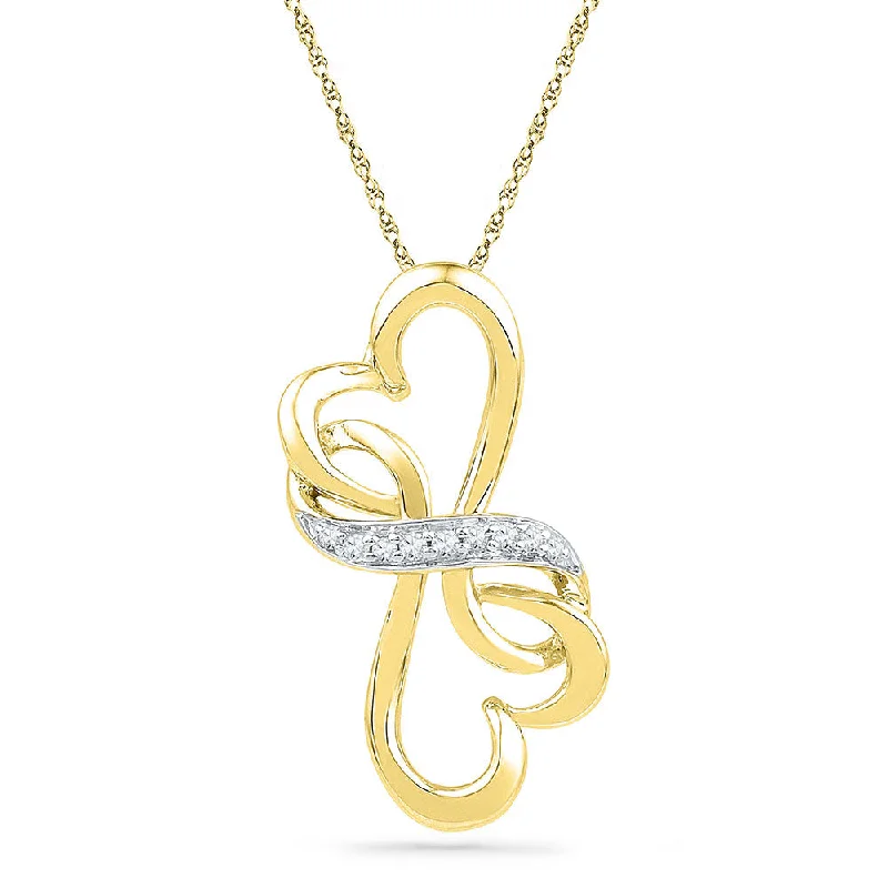 Wool band necklace-10kt Yellow Gold Womens Round Diamond Double Heart Pendant 1/20 Cttw