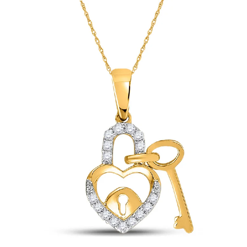 Border gem necklace-10kt Yellow Gold Womens Round Diamond Heart Lock Key Dangle Pendant 1/10 Cttw