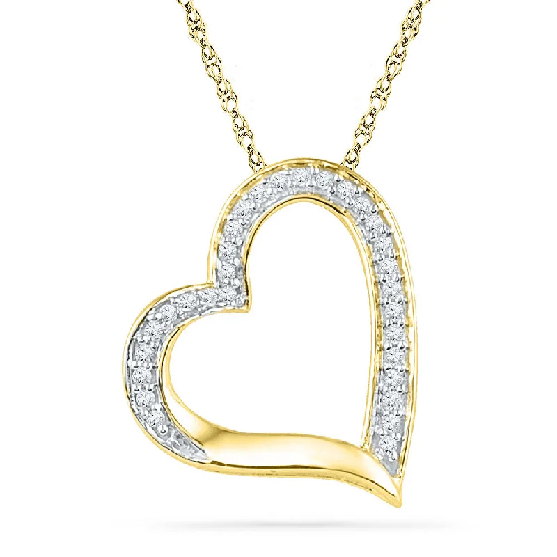 Etched groove necklace-10kt Yellow Gold Womens Round Diamond Heart Outline Pendant 1/8 Cttw