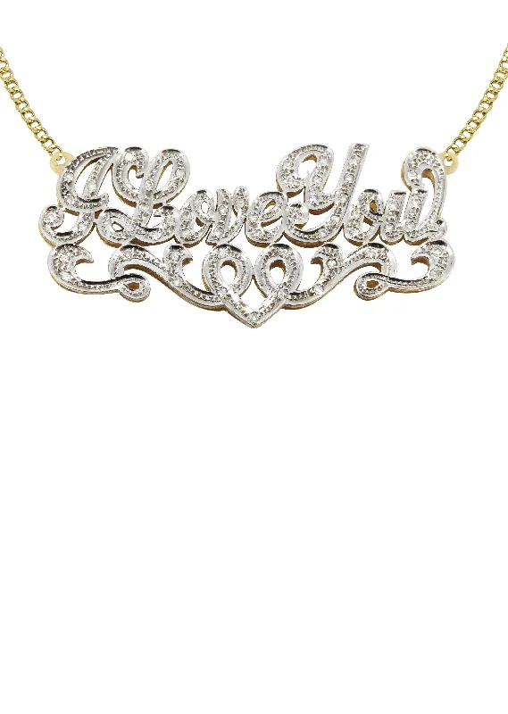 Iron toned necklace-14K Gold  Diamond Cut with Diamonds Name Plate Necklace | Style #24