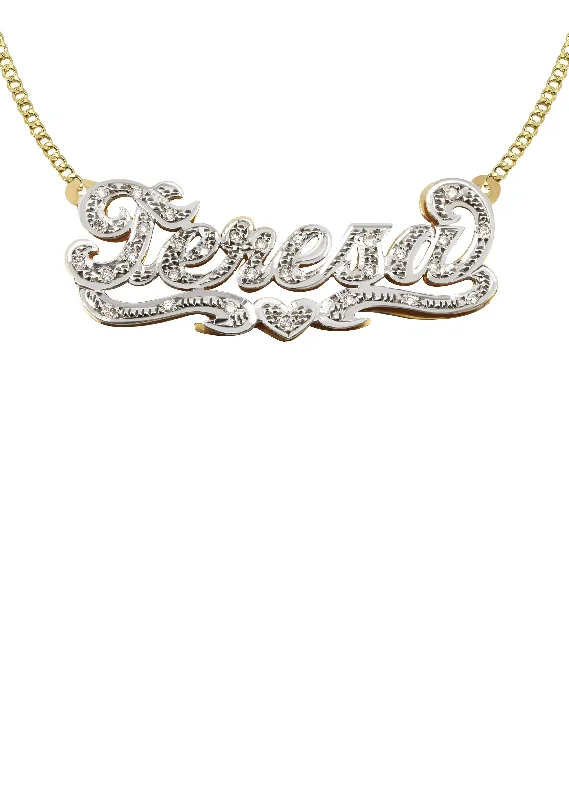 Rotating gem necklace-14K Gold  Diamond Cut with Diamonds Name Plate Necklace | Style #19