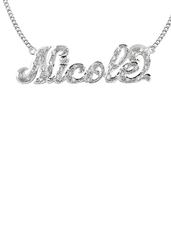 Linen weave necklace-14K Gold  Diamond Cut with Diamonds Name Plate Necklace | Style #4