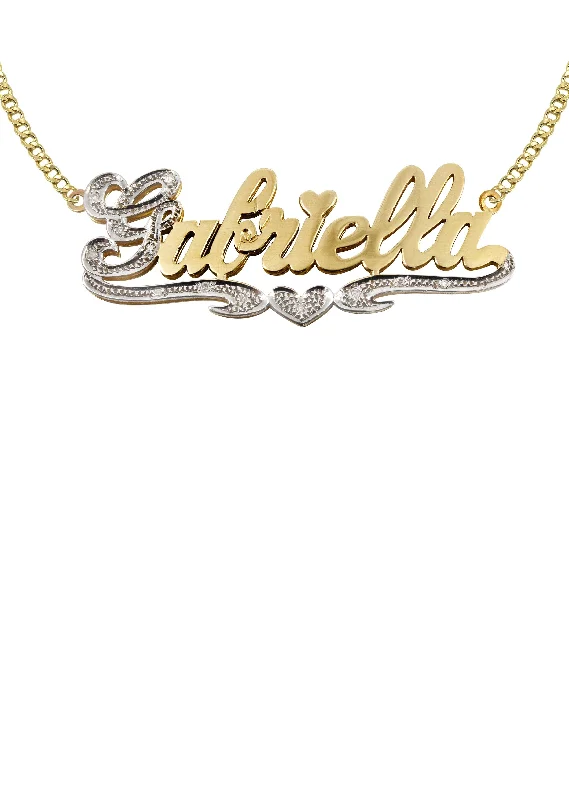 Blend metal necklace-14K Gold  Two Tone Diamond Cut with Diamonds Name Plate Necklace | Style #28