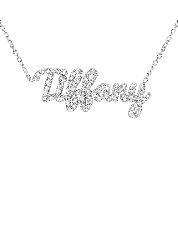 Nickel chain necklace-14K White Gold  Full Diamond Script Name Plate Necklace | Style #39