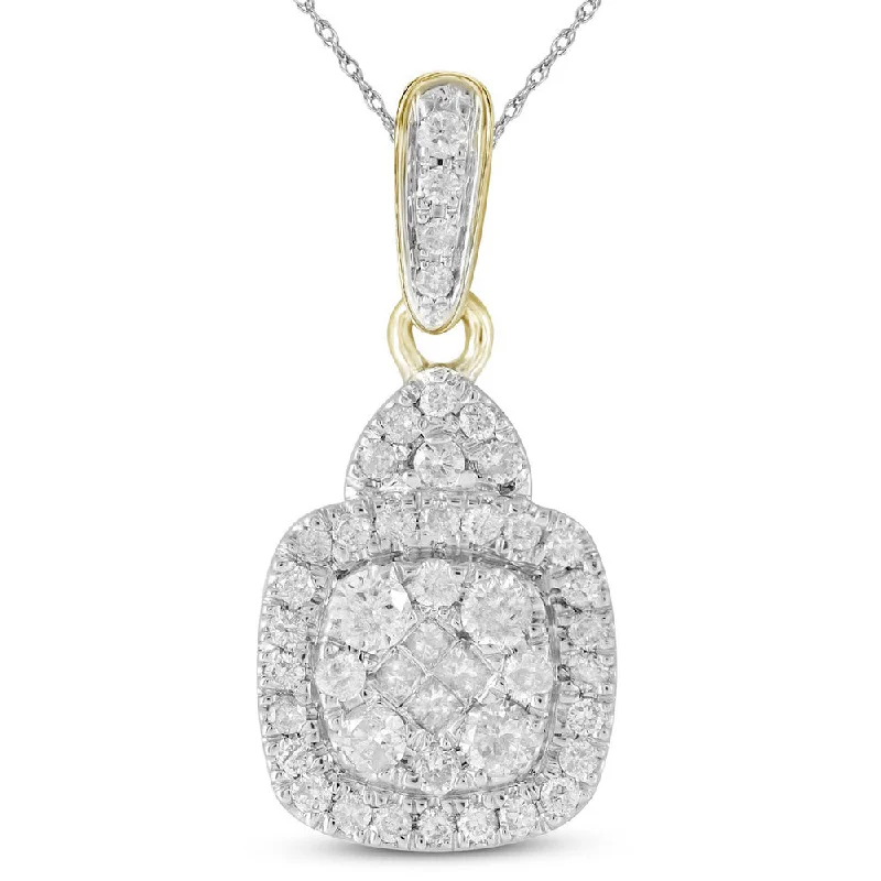 Cotton braid necklace-14kt Yellow Gold Womens Princess Round Diamond Square Cluster Pendant 3/8 Cttw