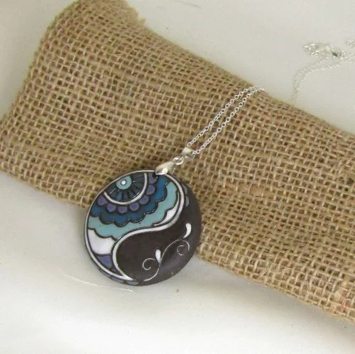 Cracked rind necklace-Grey, Aqua & White Artisan Bead Pendant Necklace