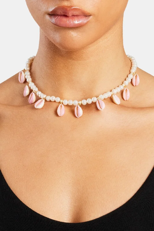 Linen weave necklace-Freshwater Pearl Pink Cowrie Shell Necklace - Gold