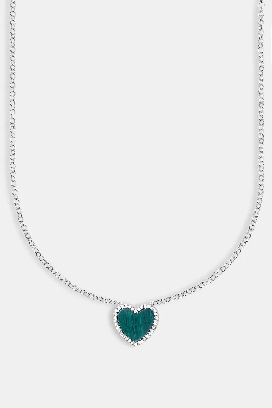 Smelted alloy necklace-Green Malachite Heart Necklace - White