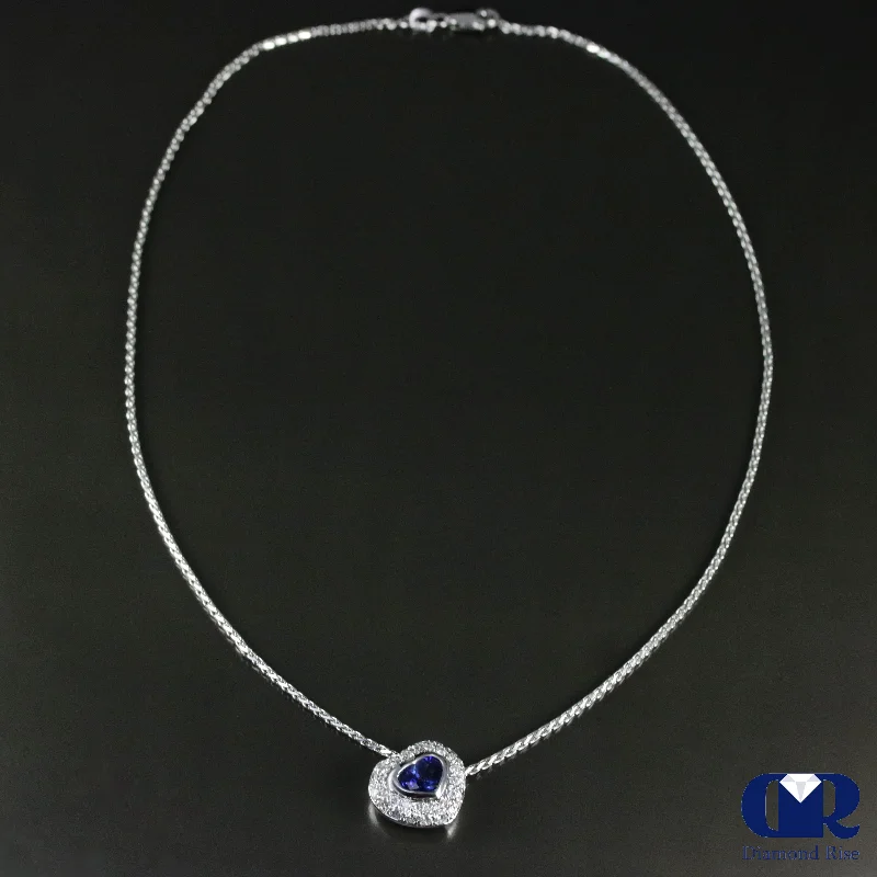 Iron toned necklace-Heart Shaped Sapphire & Diamond Pendant Necklace In 14K White Gold