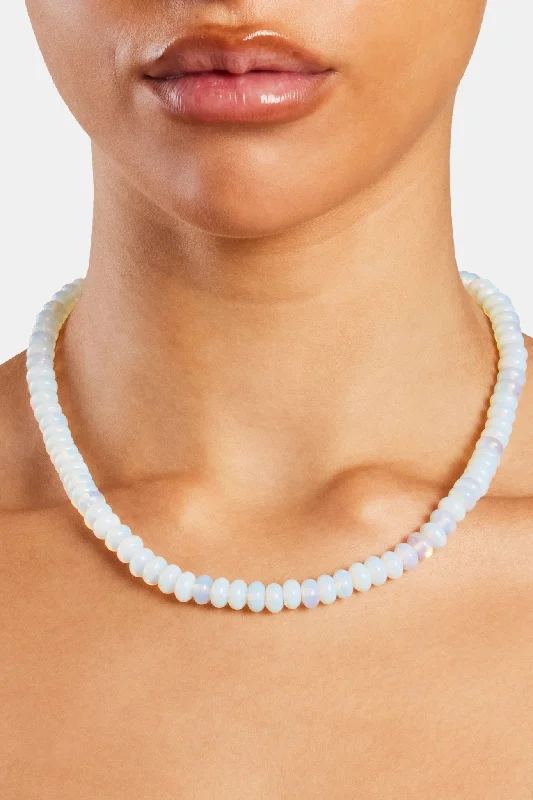 Etched groove necklace-Opal Bead Necklace - White