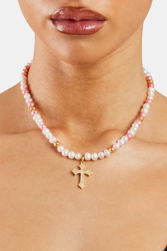 Stellar shine necklace-Pink Bead & Cross Freshwater Pearl Necklace