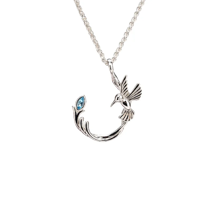 Micro stud necklace-Silver Single Hummingbird Pendant - Blue Topaz/Rhodolite/Peridot