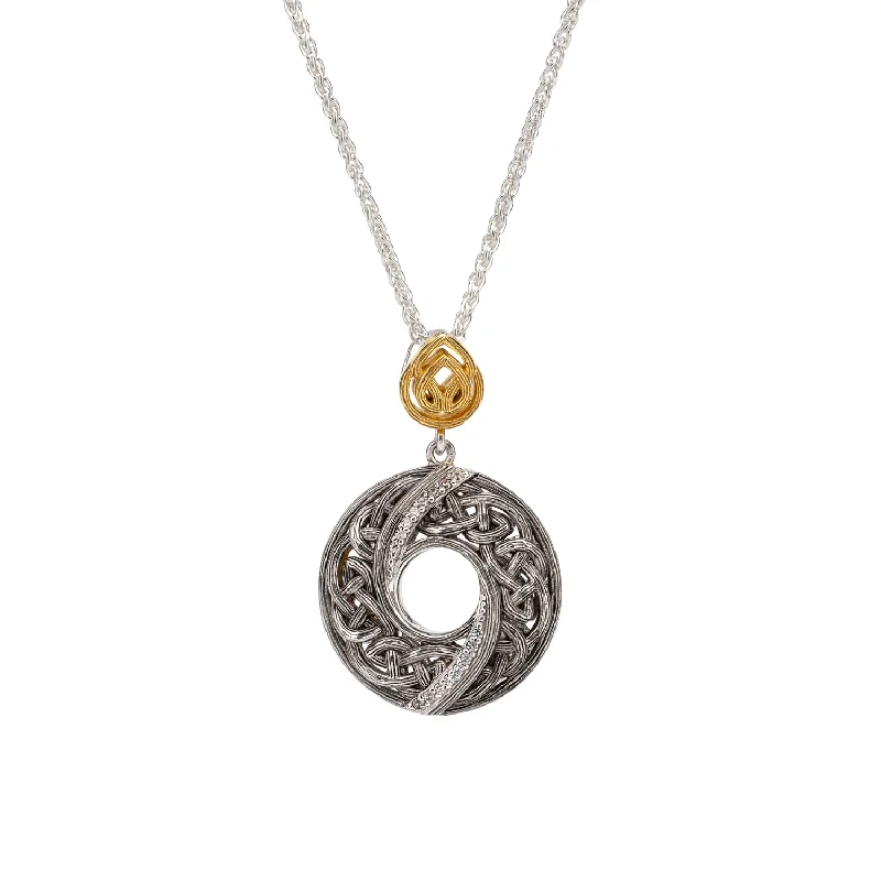 Vintage flair necklace-Silver and 10k Gold Whirlpool Round Pendant - Cubic Zirconia