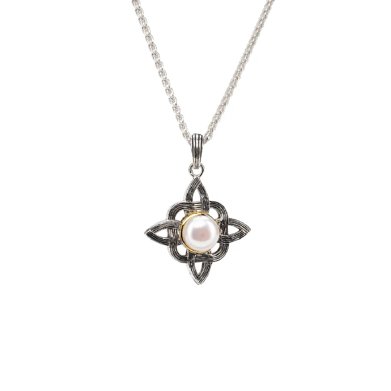 Oat stem necklace-Silver And 10k Gold Celestial Pendant - White Fresh Water Pearl