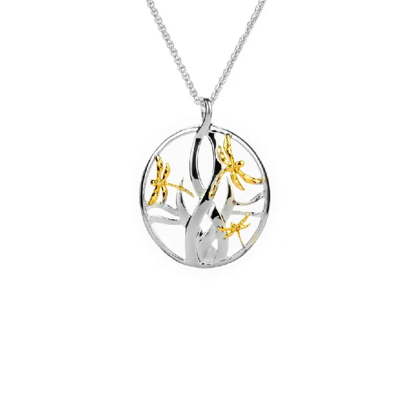 Plaid check necklace-Silver and 10k Gold Dragonfly in Reeds Pendant Small