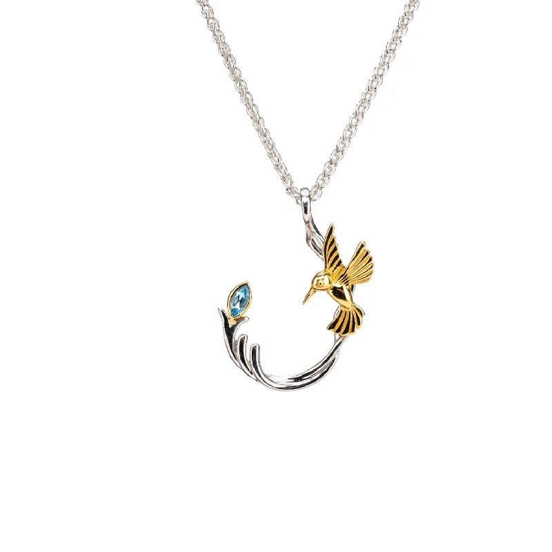 Pine twig necklace-Silver and 10k Gold Single Hummingbird Pendant - Blue Topaz/Rhodolite/Peridot