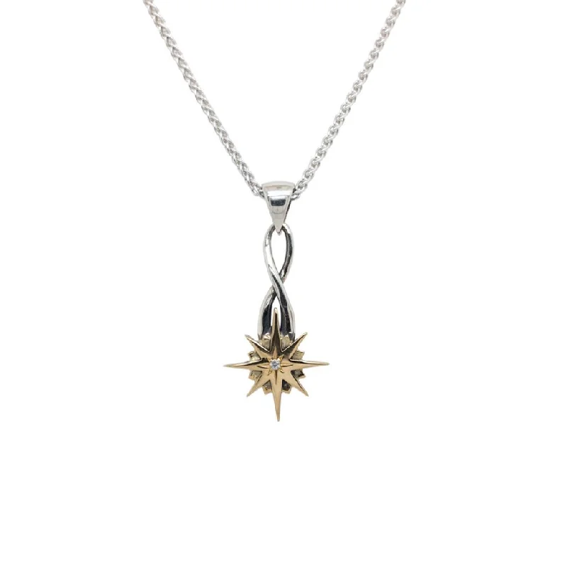 Border gem necklace-Silver and 10k Gold Compass Star Pendant Small