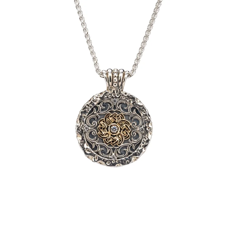 Steel forged necklace-Silver and 10k Gold Whirlpool Filigree Medallion Pendant - Cubic Zirconia