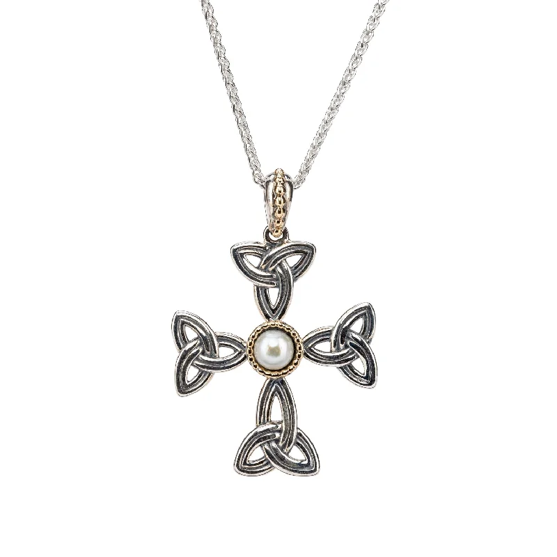 Tribal badge necklace-Silver and 10k Gold Aphrodite Cross Pendant - White Fresh Water Pearl