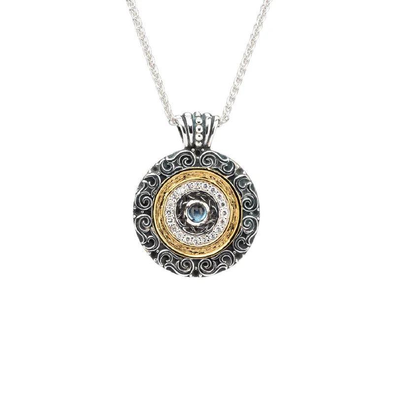 Etched groove necklace-Silver with 14k Gold Gilding Shield Filigree Pendant - London Blue Topaz