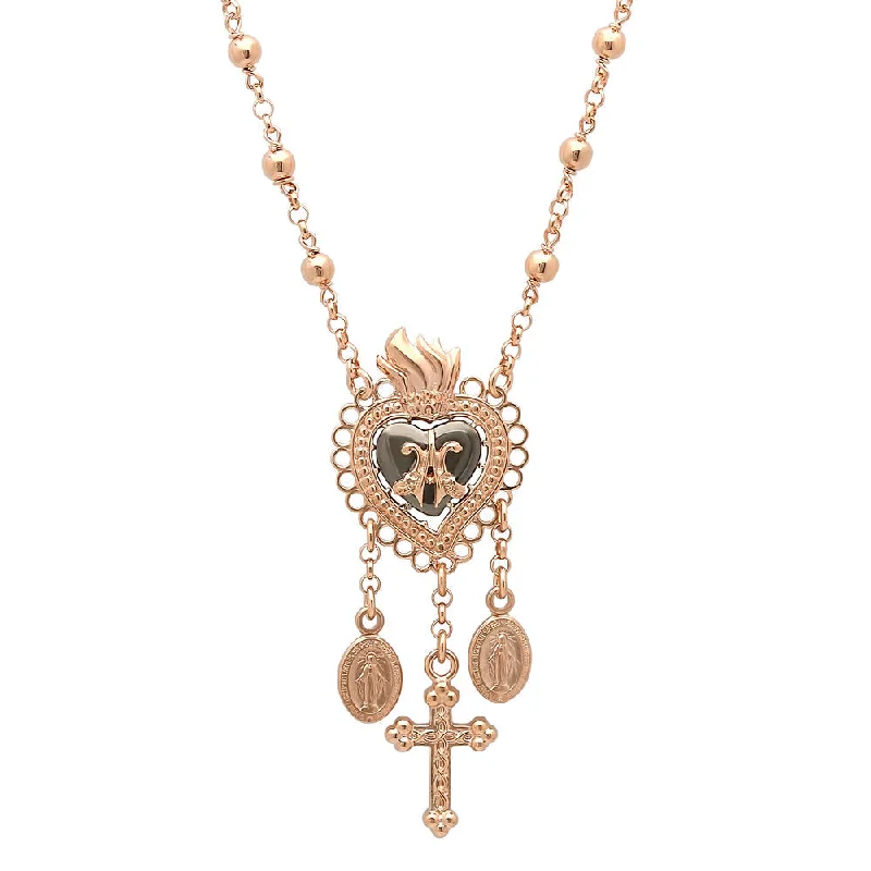 Curved metal necklace-Rose Gold Plated Silver Sacred Heart Necklace (Adjustable 16+ 1 Inch)